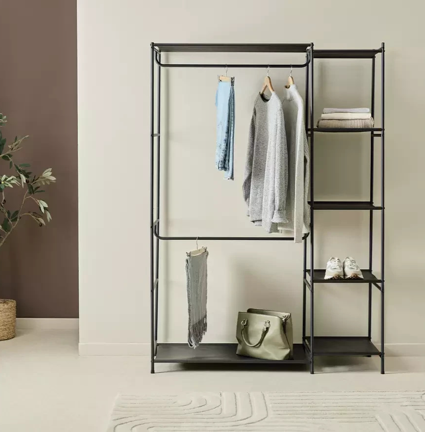 Home Spencer 2 Rail 4 Shelf Wardrobe Black | Open Clothes Storage Rail Furniture