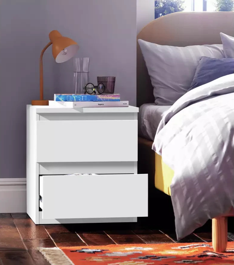 Home Jenson 2 Drawer Bedside Table Matte White | Bedroom Storage Nightstand Unit