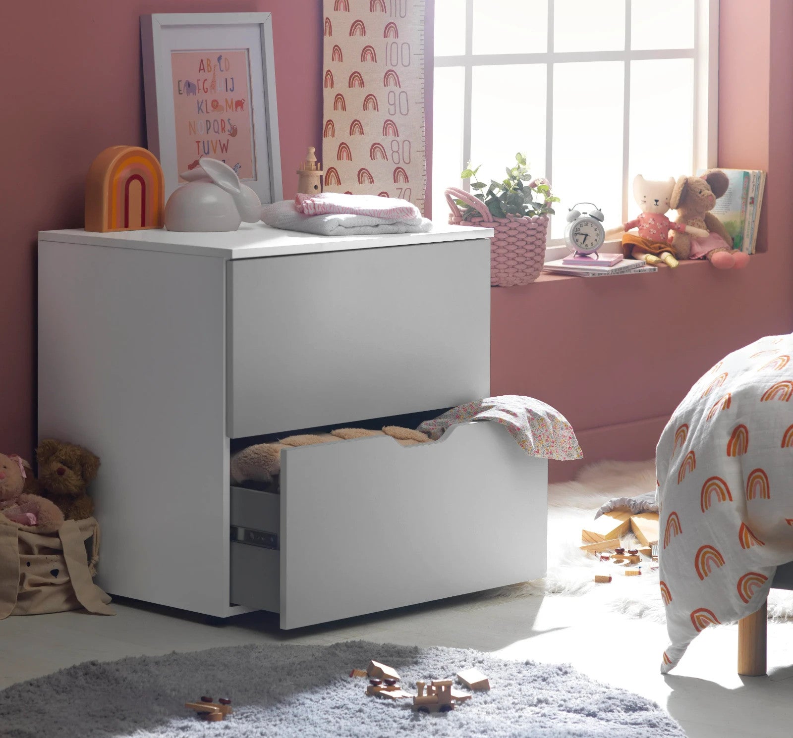 Kids Pod Low 2 Drawer Chest - Grey | Compact dresser for children