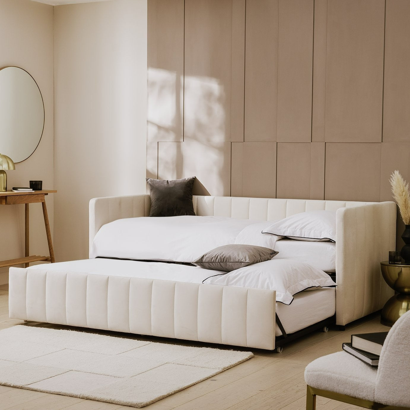 Home Pandora Velvet Trundle Day Bed - Cream | Practical Guest Setup