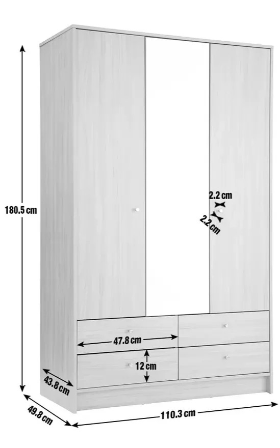 Home Malibu 3 Door 4 Drawer Mirror Wardrobe Oak Effect | Bedroom Storage