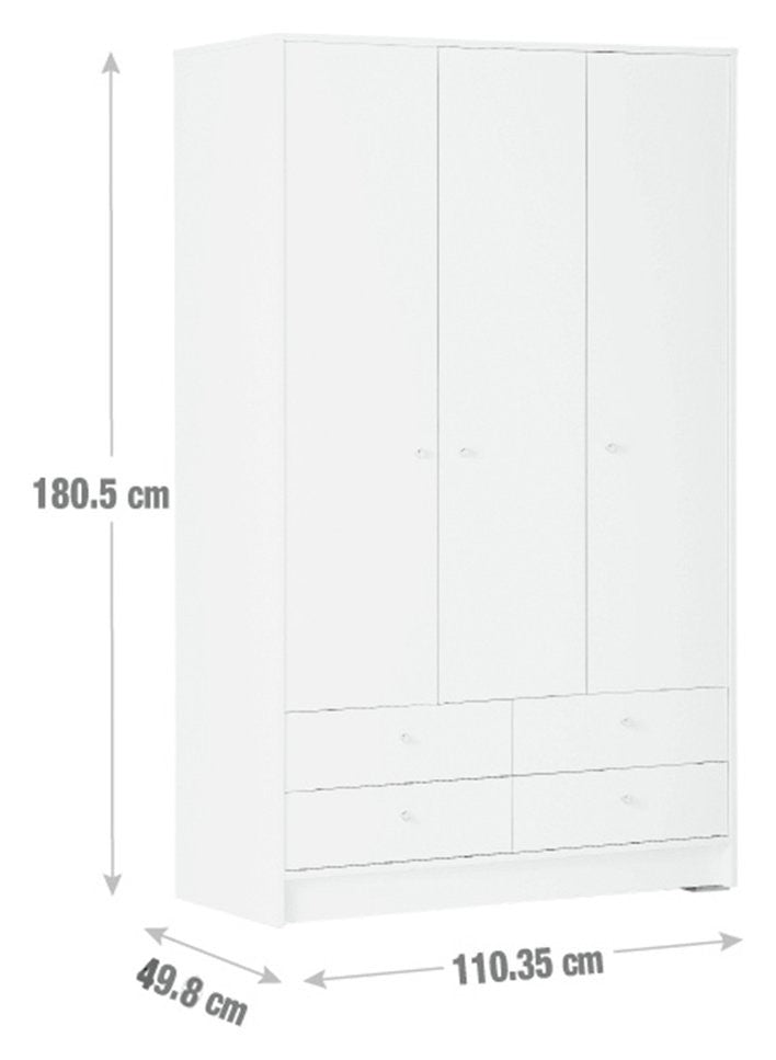 Home Malibu 3 Door 4 Drawer Wardrobe - White | Spacious 3 Door Wardrobe