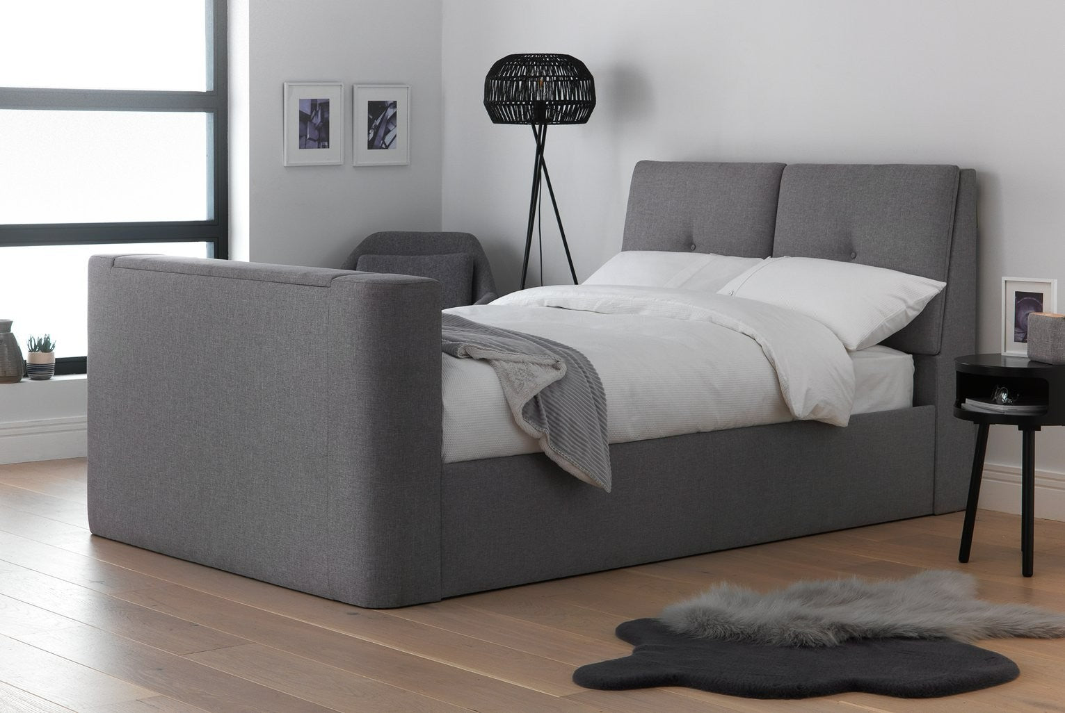 Home Jakob Kingsize TV Ottoman Bed Frame - Grey | High End Bedroom Comfort