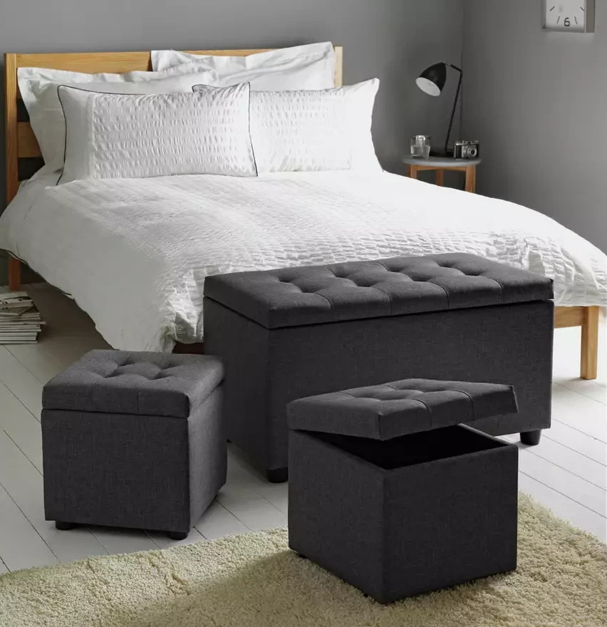 Home Wendover Fabric Ottoman with Stools Grey | Storage Ottoman Bench Furniture