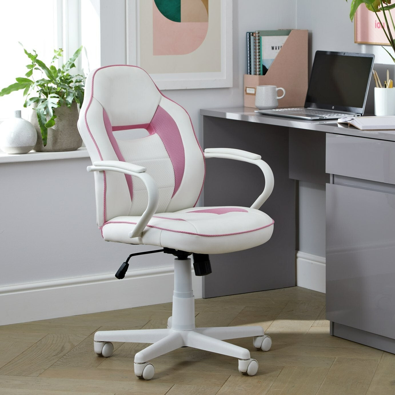 Faux Leather Mid Back Gaming Chair - White & Pink